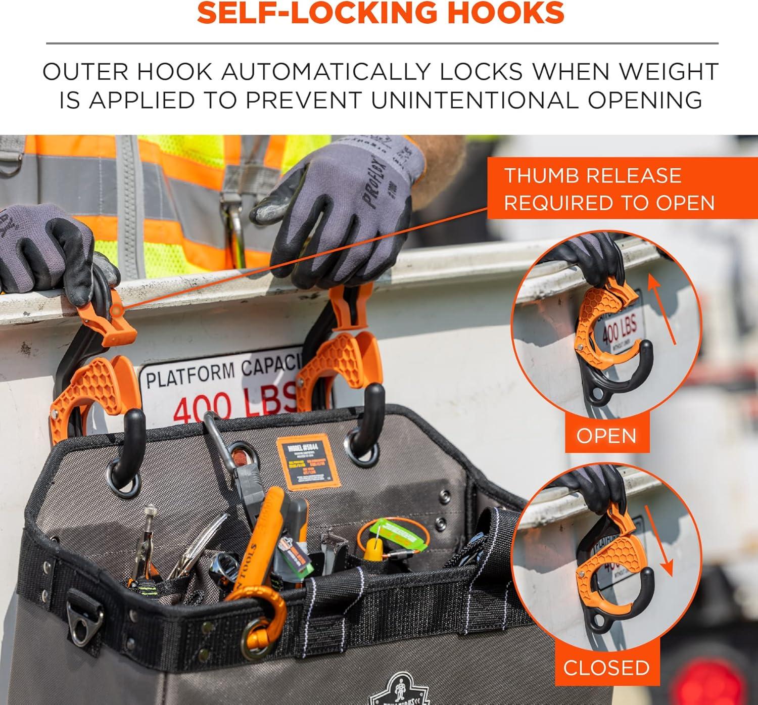 imageErgodyne Squids 3178 Locking Aerial Bucket Hook with Tethering Point Fits 3quot Lip Attach Tool Bags or Aprons to BucketsBlack and Orange