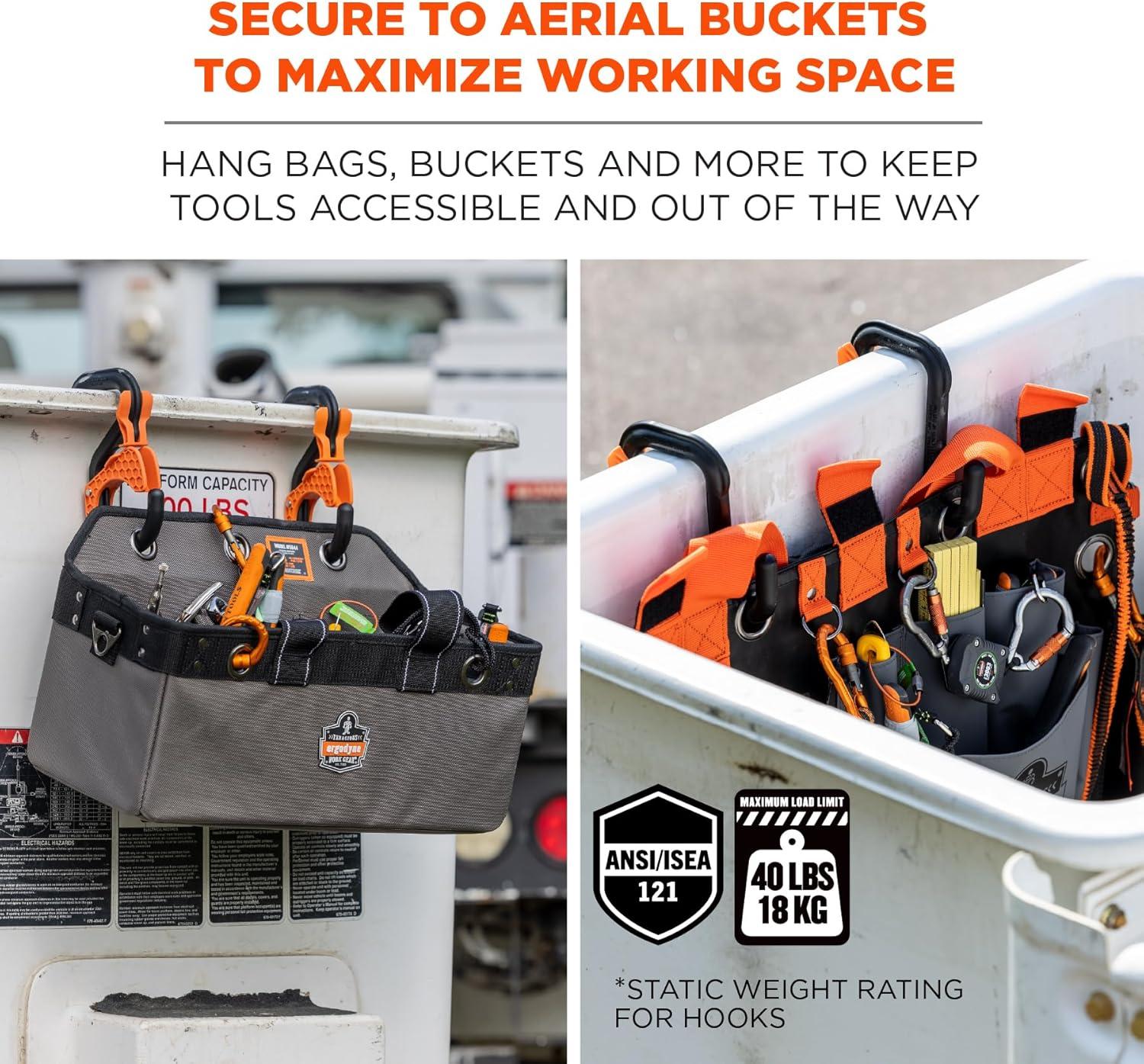 imageErgodyne Squids 3178 Locking Aerial Bucket Hook with Tethering Point Fits 3quot Lip Attach Tool Bags or Aprons to BucketsBlack and Orange