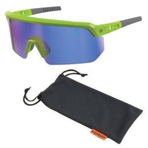 imageErgodyne Skullerz AEGIR Anti Scratch Safety Sunglasses AntiFog ANSI z871Lime Frame  Blue Mirror Lens