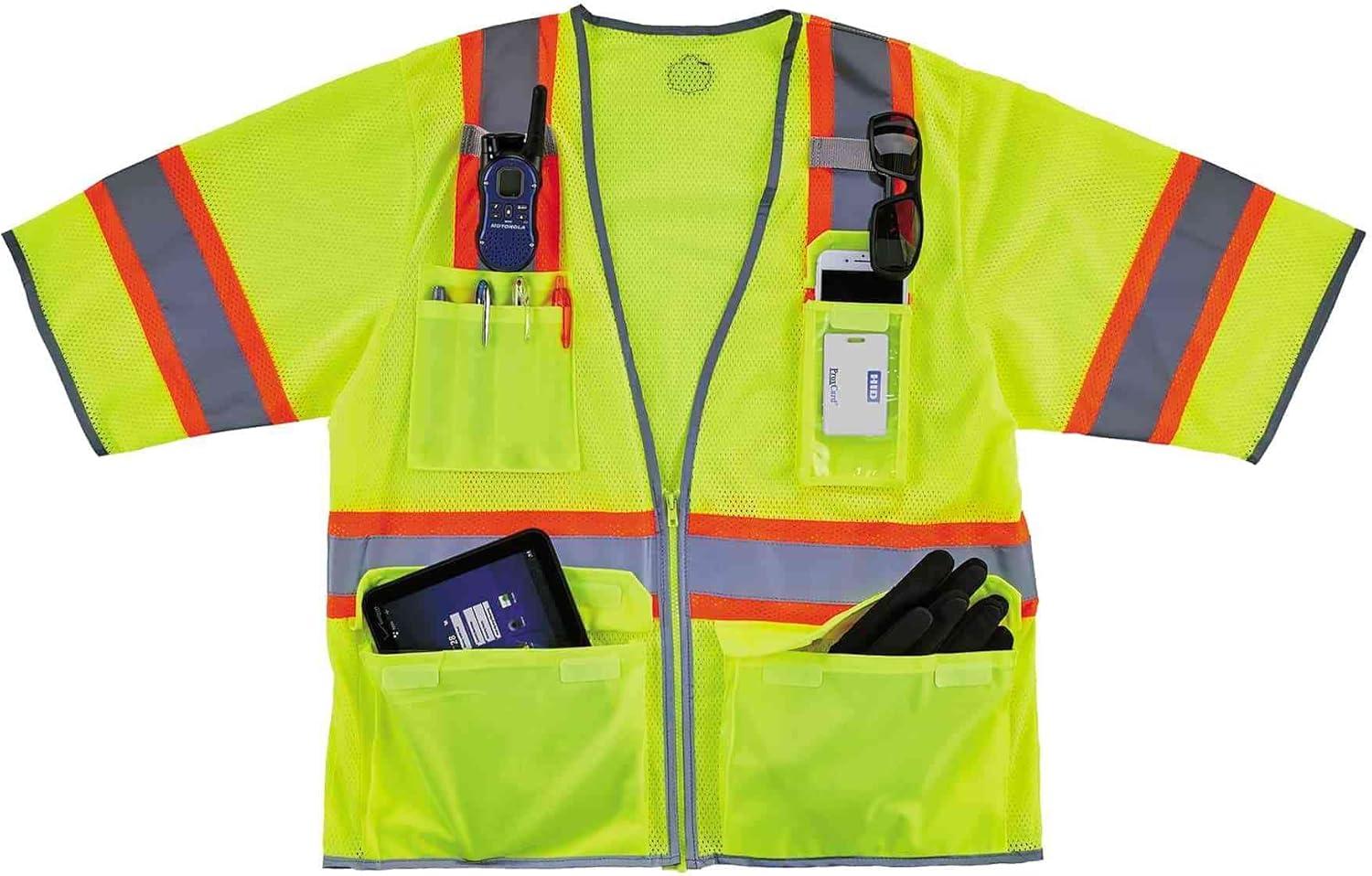 imageErgodyne unisex adult Twotone Hivis Class 3 Two Tone Hi Vis Surveyor Vest Zipper Lime LargeXLarge USLime