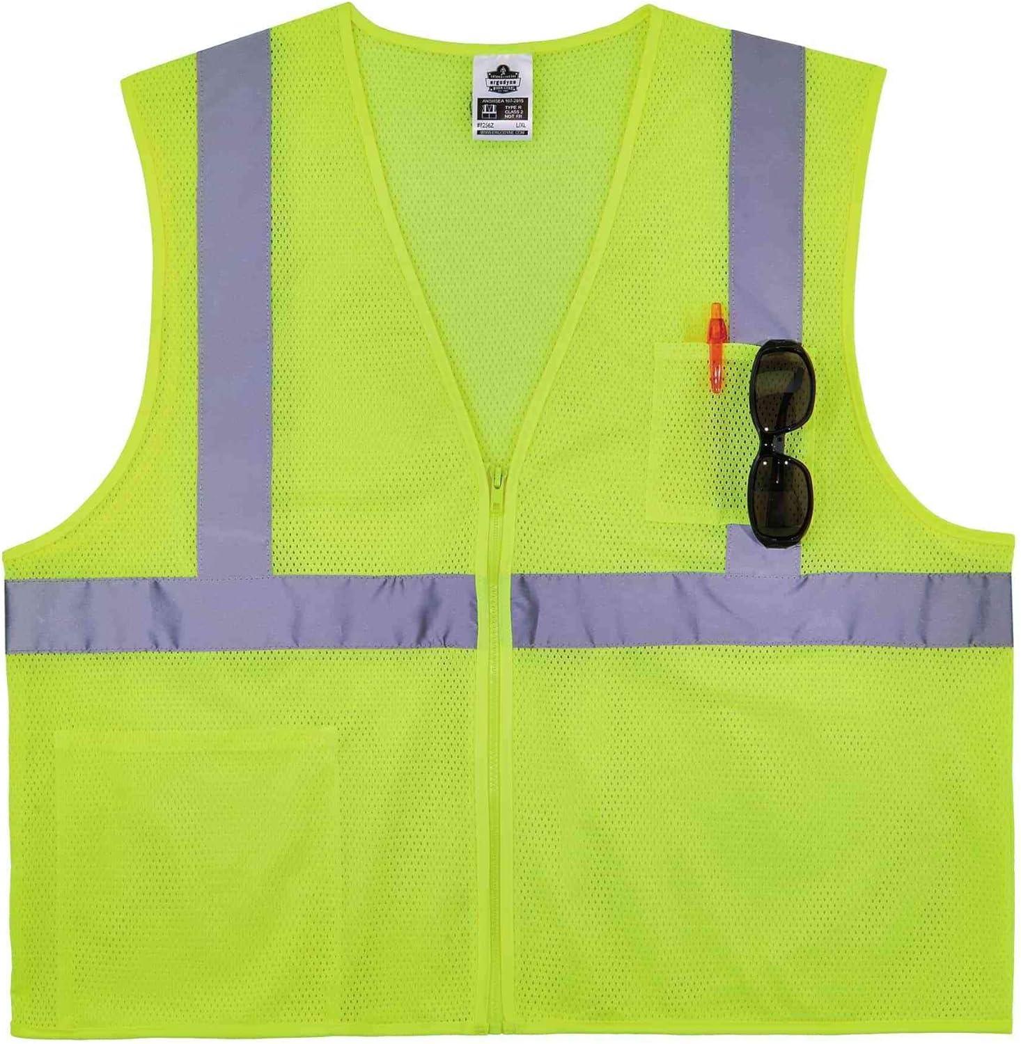 imageErgodyne unisexadult Glowear 8256z Selfextinguishing Hivis Safety Vest  Type R Class 2 ZipperClass 2 SelfExtinguishingLime