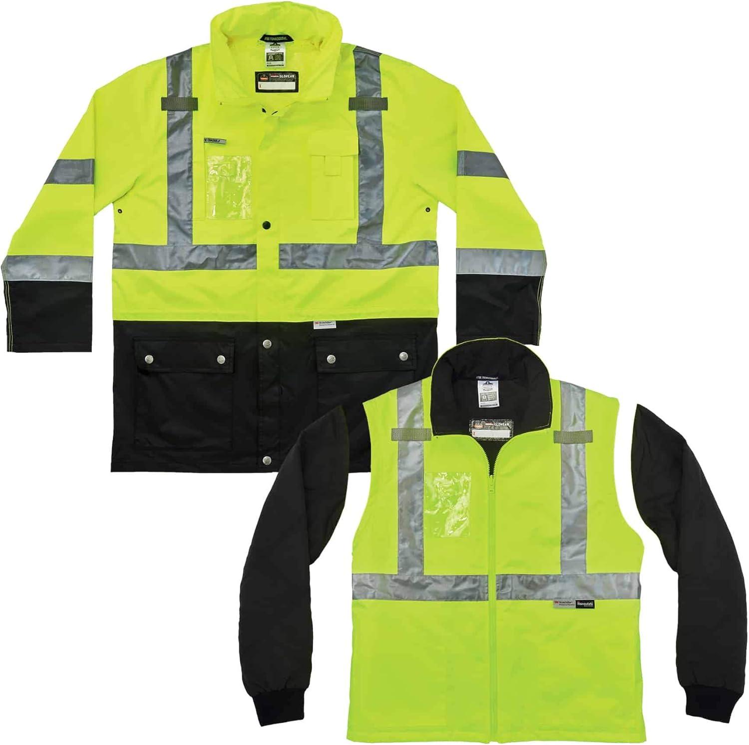 imageHigh Visibility Reflective Thermal Jacket Set Includes Outer Rain Shell ampamp Thermal Jacket with Zip Off SleevesLime