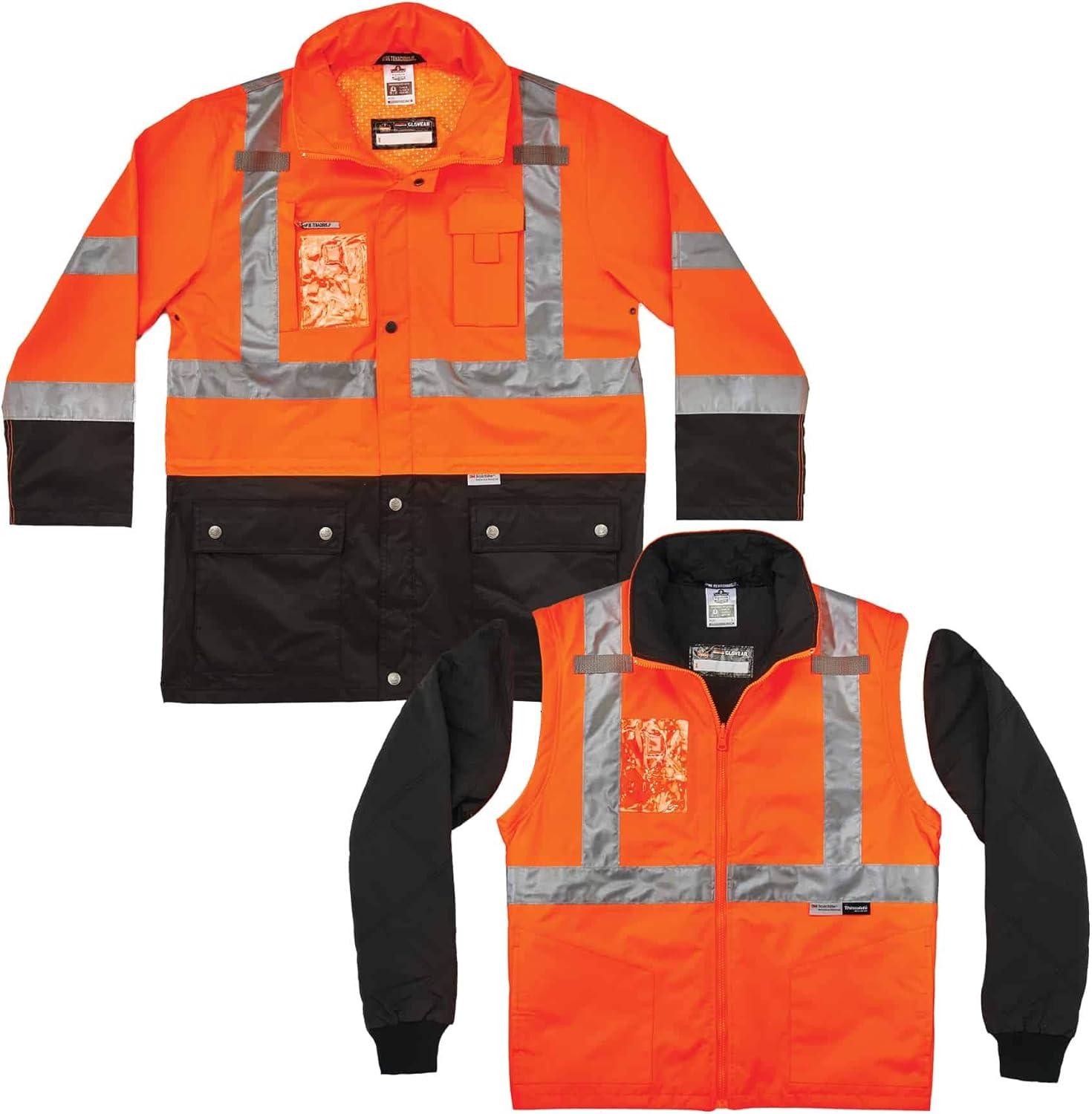 imageHigh Visibility Reflective Thermal Jacket Set Includes Outer Rain Shell ampamp Thermal Jacket with Zip Off SleevesOrange