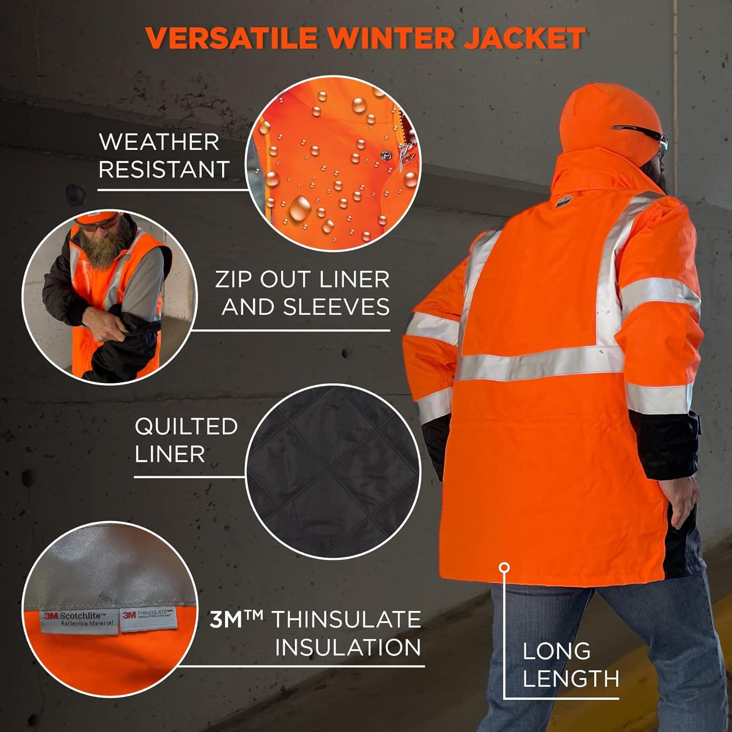 imageHigh Visibility Reflective Thermal Jacket Set Includes Outer Rain Shell ampamp Thermal Jacket with Zip Off SleevesOrange
